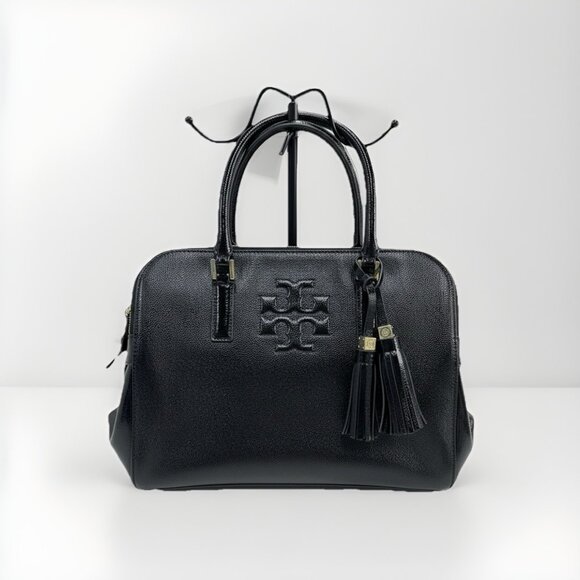 Tory Burch Thea Triple Zip Black Patent Leather Satchel w Black Wallet Wristlet - Picture 2 of 7